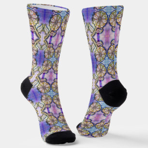 Watercolor flower art on blue socks