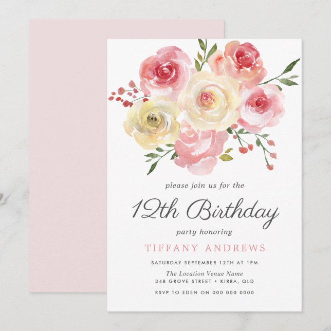 Watercolor Flower Blush Pink 12th Birthday Invite (Front/Back)