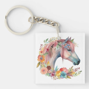 Watercolor Flower Boho Horse Pastel Keychain