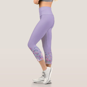 Watercolor Flower Border on Lavender Capri Leggings