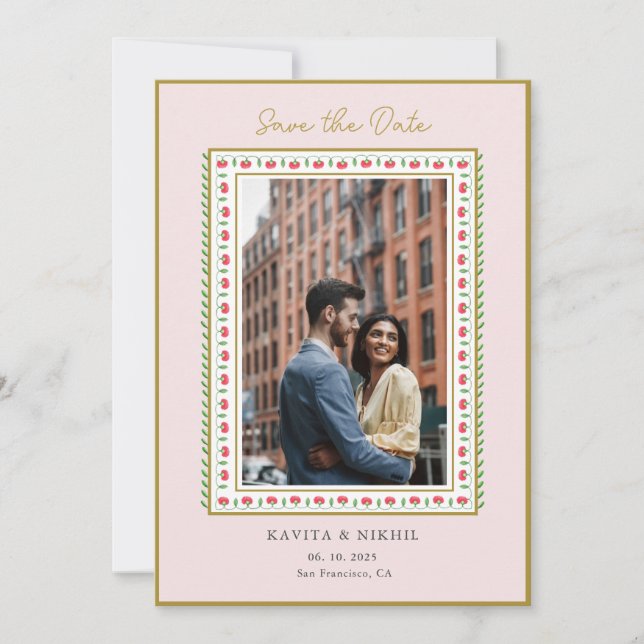 Watercolor flower border Photo Save the Date (Front)