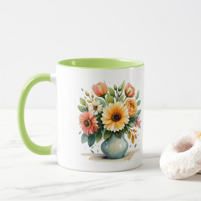 Watercolor Flower Bouquet  Mug (With Donut)