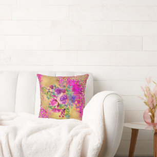 Watercolor Flower Bouquet on Pink Gold Glitter Throw Pillow