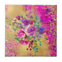 Watercolor Flower Bouquet on Raspberry Pink