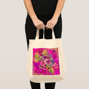 Watercolor Flower Bouquet on Raspberry Pink Tote Bag