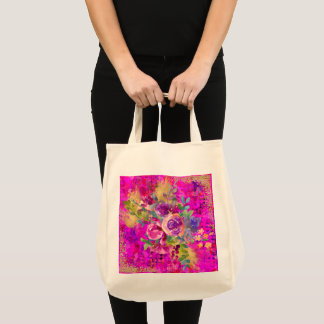 Watercolor Flower Bouquet on Raspberry Pink Tote Bag
