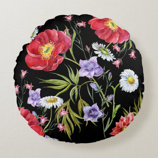 Watercolor Flower Bouquet: Seamless Pattern Round Pillow (Front)
