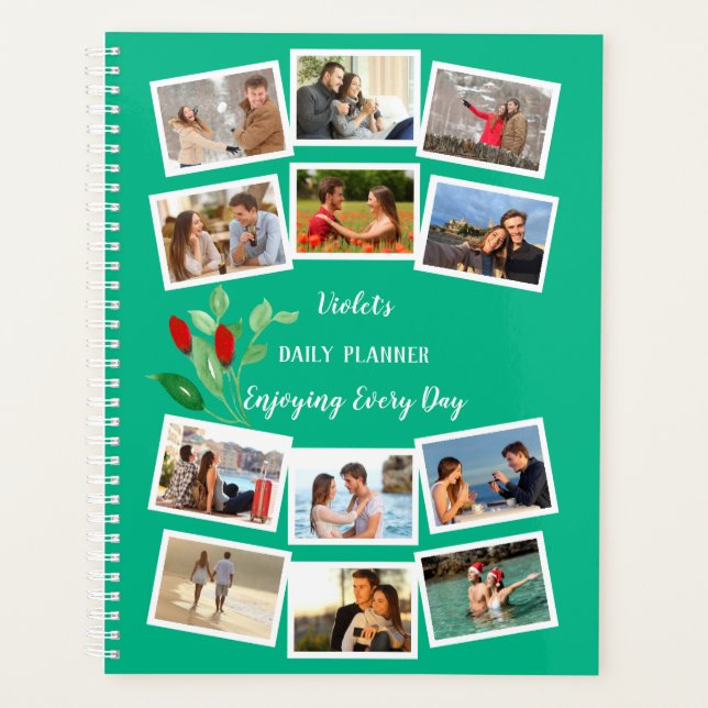 Watercolor Flower Bud Teal Red 12 Photo Collage Planner (Front)