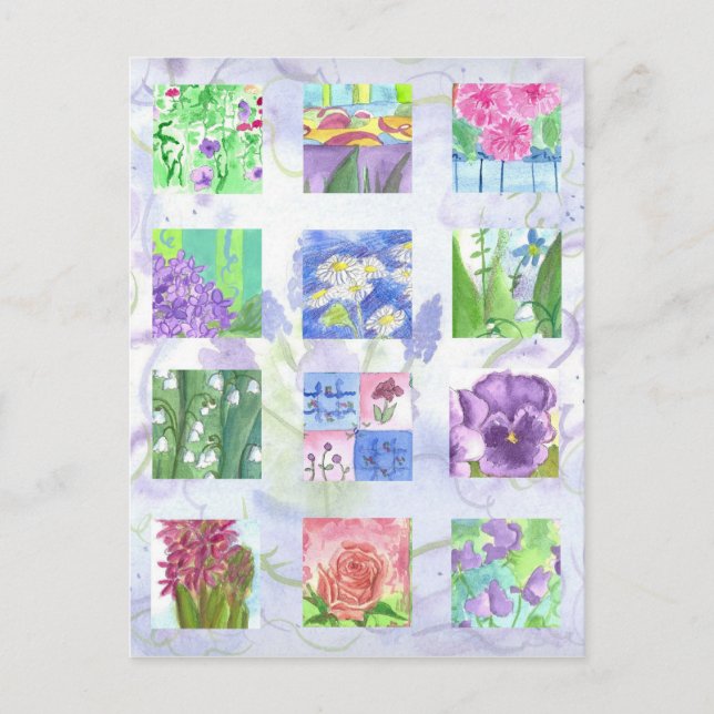 Watercolor Flower Collage Pink Rose Lilac Pansies Postcard (Front)