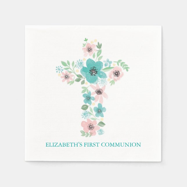 Watercolor Flower Cross First Holy Communion Napkin (Front)