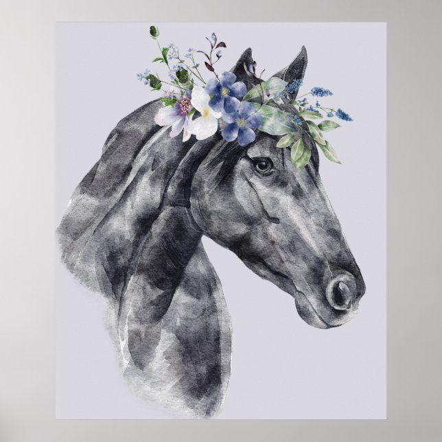 Watercolor Flower Crown Black Horse Portrait  Poster (Front)
