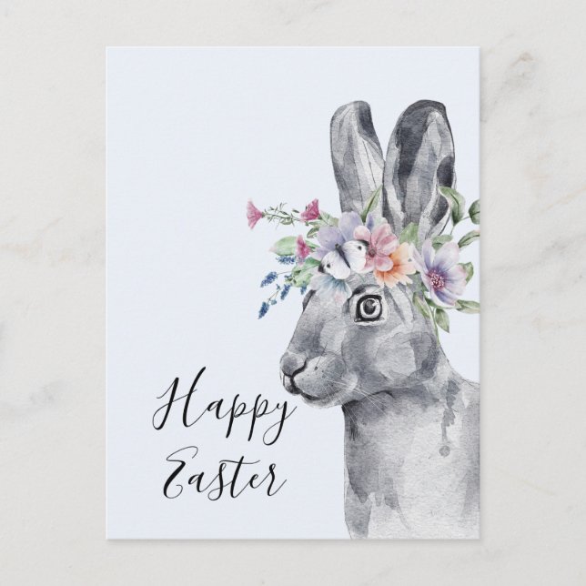 Watercolor Flower Crown Bunny Easter Postcard (Front)
