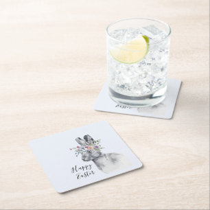 Watercolor Flower Crown Easter Bunny Square Paper Coaster