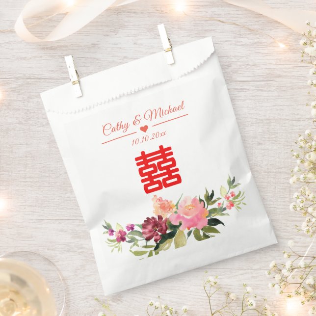 Watercolor flower double happiness chinese wedding favour bag (Clipped)