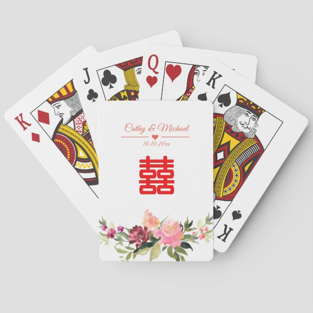 Watercolor flower double happiness chinese wedding playing cards (Back)