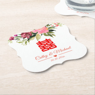 Watercolor flower double happiness wedding paper coaster