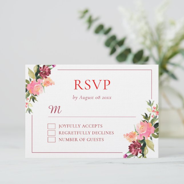Watercolor flower double happiness wedding  RSVP card (Standing Front)