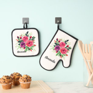 Watercolor flower floral wreath roses retro vintag oven mitt & pot holder set