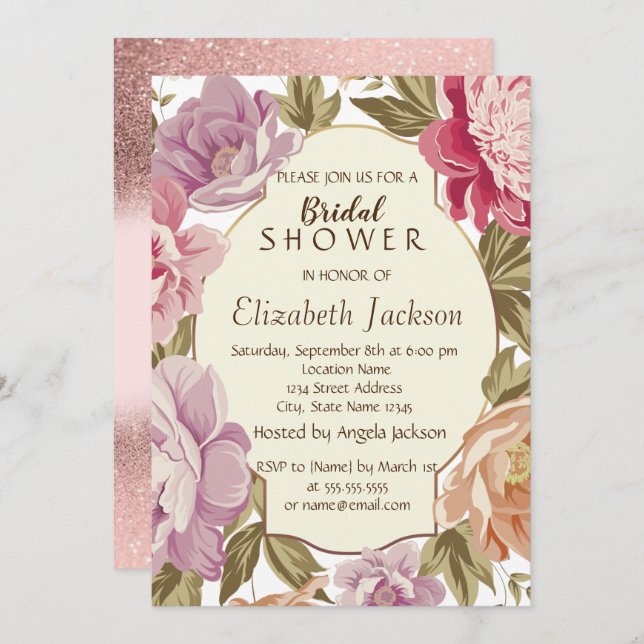 Watercolor Flower,Frame, Glitter  Bridal Shower Invitation (Front/Back)