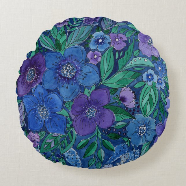 Watercolor, flower garden round pillow (Front)