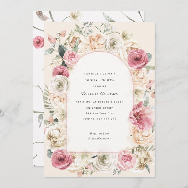 Watercolor flower garden, spring bloom floral invitation (Front/Back)