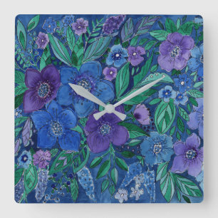 Watercolor, flower garden square wall clock