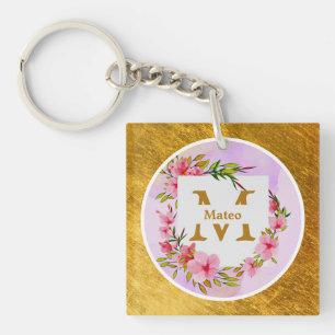 Watercolor Flower Gold Frame   Custom Name Keychain