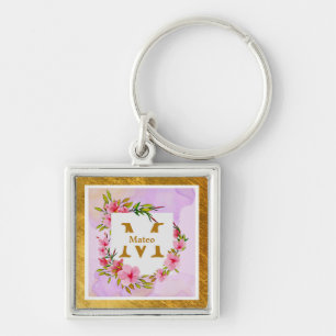Watercolor Flower Gold Frame   Custom Name Keychain