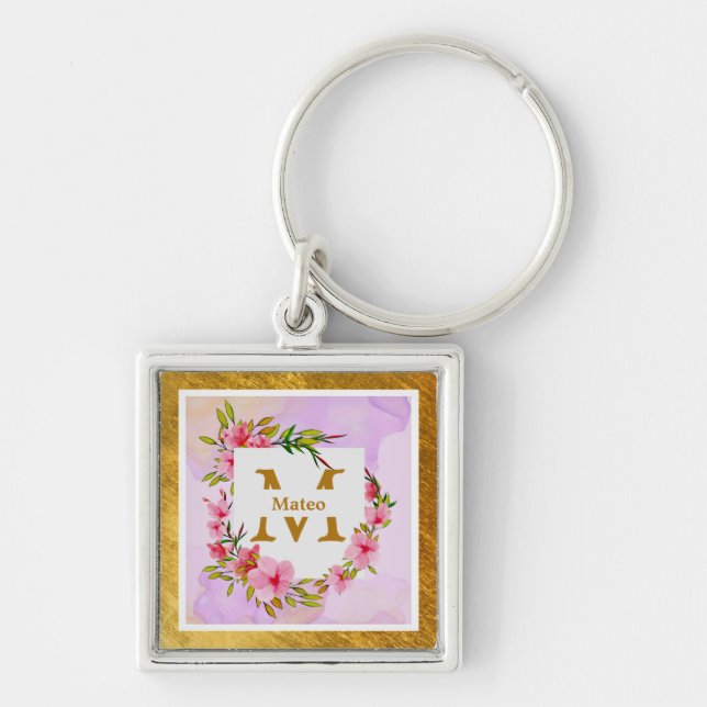 Watercolor Flower Gold Frame | Custom Name Keychain (Front)