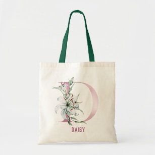 Watercolor Flower Lily And PInk Letter D Tote Bag
