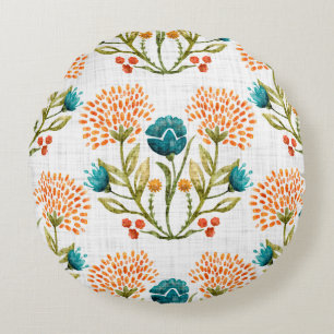 Watercolor flower motif background. Hand painted e Round Pillow