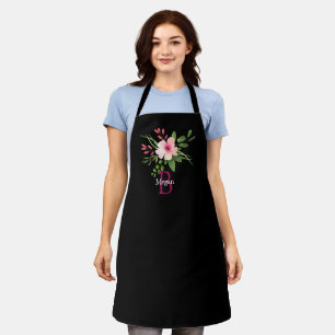 Watercolor Flower, Name & Monogram on Black Apron