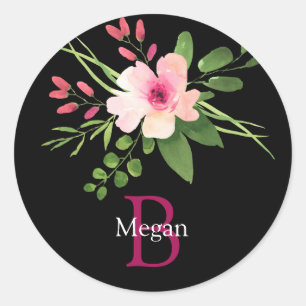 Watercolor Flower, Name & Monogram on Black Classic Round Sticker
