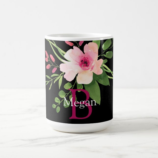 Watercolor Flower, Name & Monogram on Black Coffee Mug (Center)