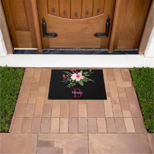 Watercolor Flower, Name & Monogram on Black Doormat