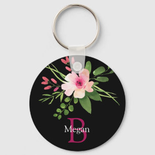 Watercolor Flower, Name & Monogram on Black Keychain