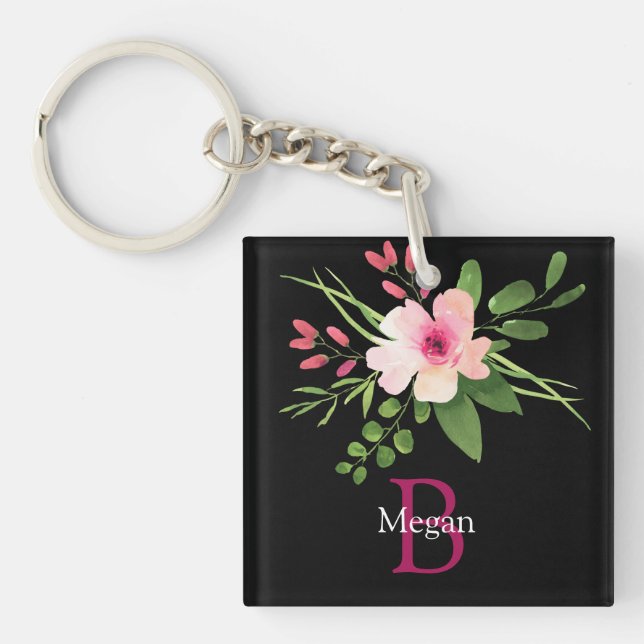 Watercolor Flower, Name & Monogram on Black Keychain (Front)