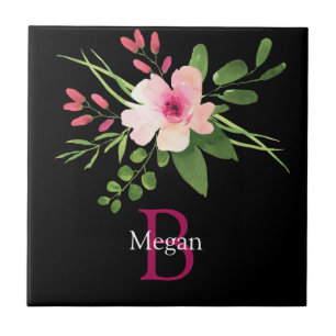 Watercolor Flower, Name & Monogram on Black Tile