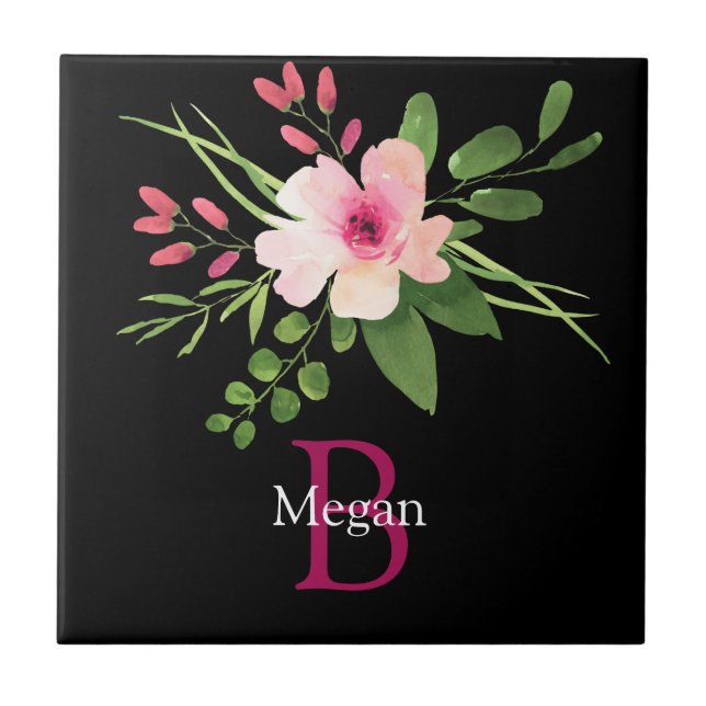 Watercolor Flower, Name & Monogram on Black Tile (Front)
