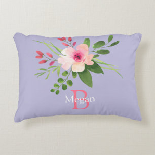 Watercolor Flower, Name & Monogram on Lavender Accent Pillow