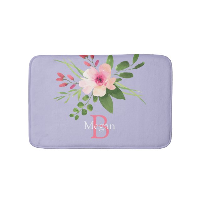Watercolor Flower, Name & Monogram on Lavender Bath Mat (Front)