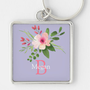 Watercolor Flower, Name & Monogram on Lavender Keychain
