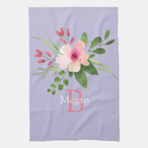 Watercolor Flower, Name & Monogram on Lavender Kitchen Towel
