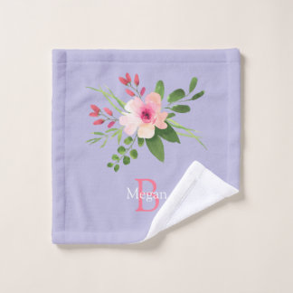Watercolor Flower, Name & Monogram on Lavender Wash Cloth