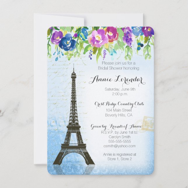 Watercolor Flower Paris Bridal Shower Invitation (Front)