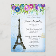Watercolor Flower Paris Bridal Shower Invitation