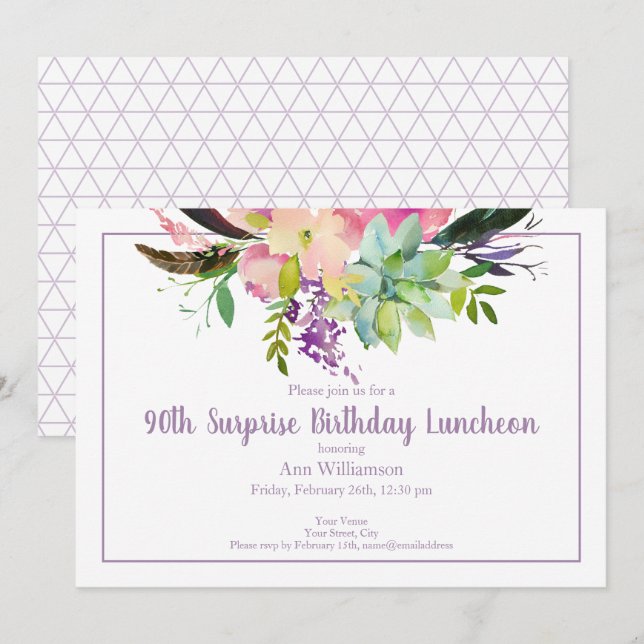 Watercolor Flower Pattern 90th Surprise Birthday Invitation (Front/Back)