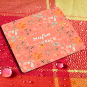 Watercolor flower pattern custom white orange square paper coaster