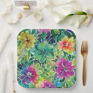 Watercolor Flower Pattern Paper Plate