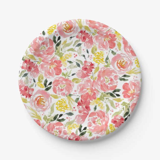 Watercolor flower pattern satin ribbon bowl paper plate (Front)